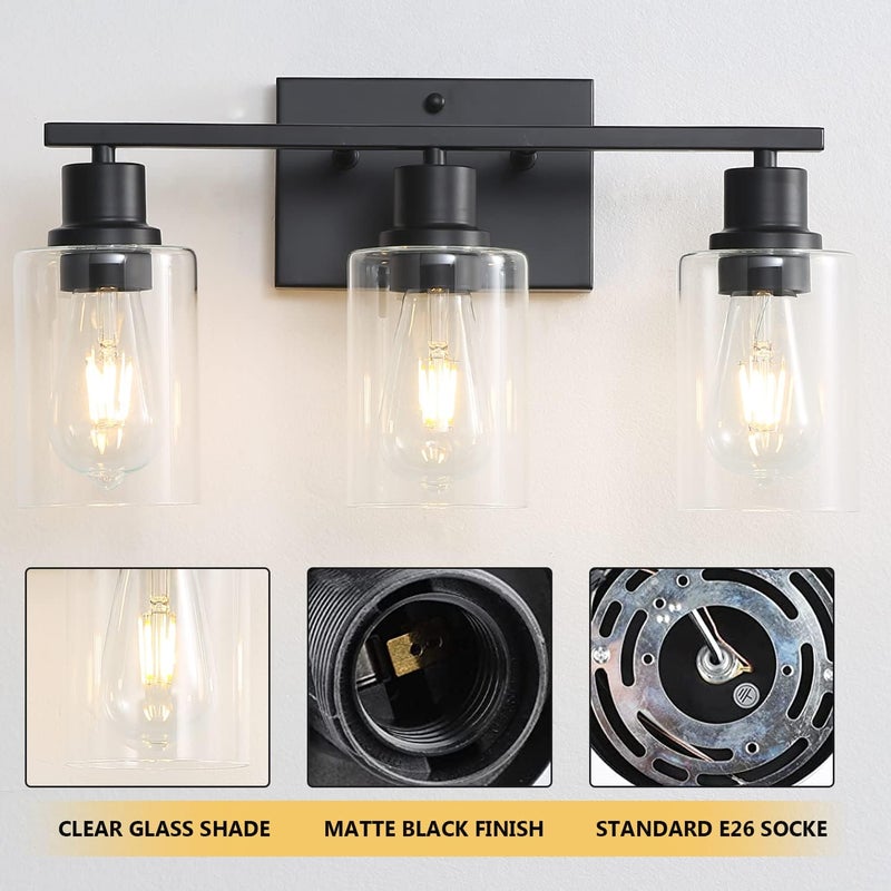 EMONG 3-Lights Bathroom Light Fixtures, Matte Black Vanity Light with Glass Shade, Modern Wall Sconces Lighting for Bathroom,Mirror,Farmhouse,Hallway - Image 4